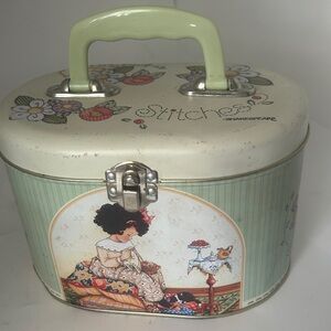 Mary Engelbreit Floral Art Tin with Green Handle “Stitches”